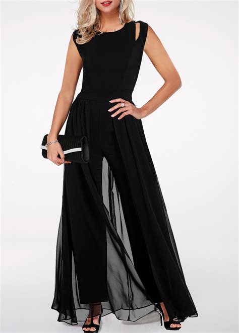 Black Round Neck High Waist Chiffon Overlay Jumpsuit Embellished