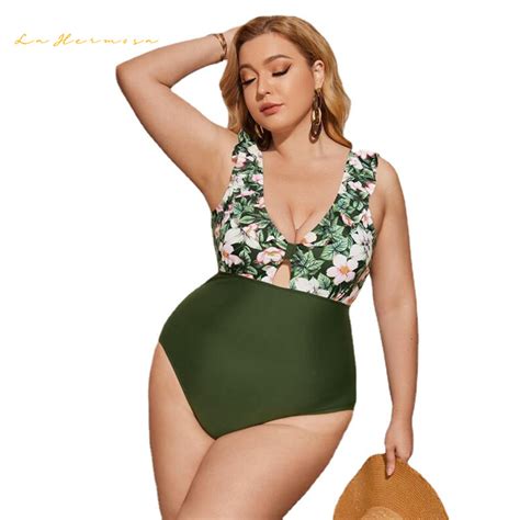 Sexy Bikini Plus Size Contrasting Print One Piece Bikini Green Color