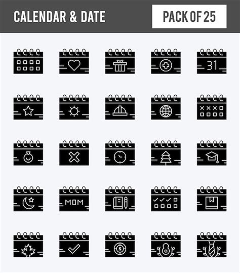 25 Kalender Und Datums Glyphen Icon Pack Vektorillustration Premium