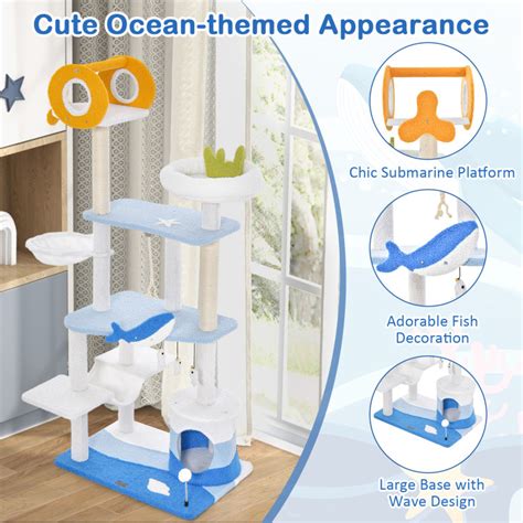 Multi Level Ocean Themed Cat Tree Tower With Sisal Covered Scratching