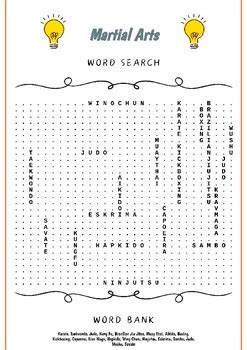 Martial Arts Word Search Challenge Worksheet By Pixelprose Haven