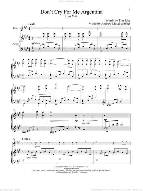 Dont Cry For Me Argentina From Evita Sheet Music For Flute And Piano