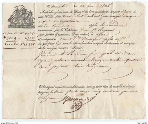 Documents Historiques Connaissement Maritime Tartane La