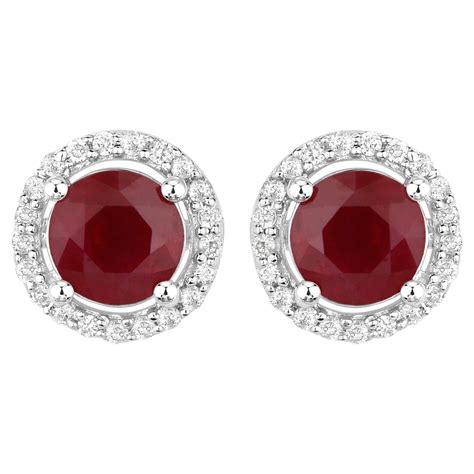 Natural Ruby Stud Earrings Diamond Halo 14k White Gold For Sale At 1stdibs
