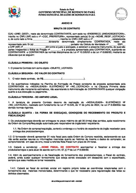 Minuta do Contrato Prefeitura Municipal de Rondon do Pará Gestão