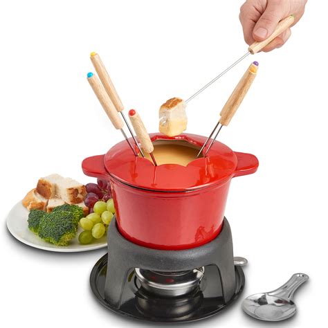 Vonshef Fondue Set Stylish Rustic Heat Resistant Red Cast Iron