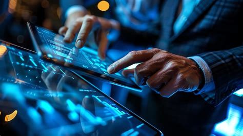 Two businessmen in suits use a futuristic transparent computer interface with graphs and data ...