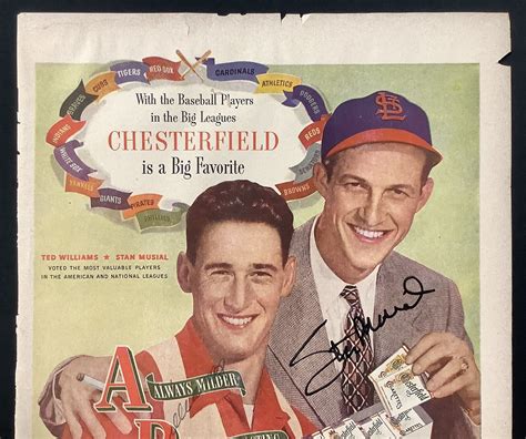 Ted Williams Signed Cigarette Ad Chesterfield Stan Musial