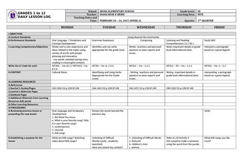 Dll Mtb 3 Q3 W4 Dlp Grades 1 To 12 Daily Lesson Log School Grade