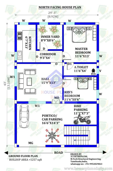 30x43 North Facing House Plan with Electrical and Plumbing Drawing