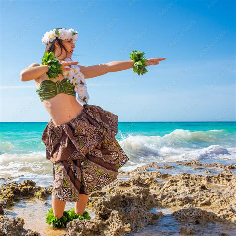 Hula Dancer Performing Hawaii Dance Girl Dancing Wearing Tahiti Summer Clothes Miss Queen