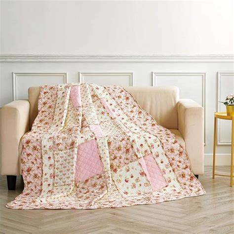 Qucover Quilted Throw Single Bedspread Soft 100 Cotton Pink Floral