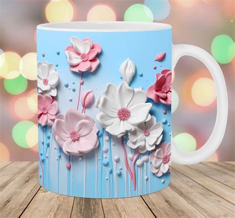 3d White Pink Flowers Mug Wrap 11oz And 15oz Mug Template Etsy Cup Art Mug Template Pink