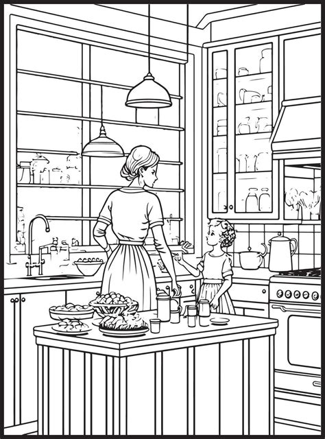 Mother Son Kitchen Coloring Page 23175401 Vector Art At Vecteezy