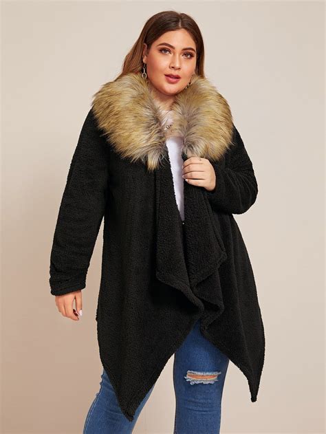 Plus Contrast Faux Fur Collar Teddy Coat Faux Fur Collar Coat Teddy