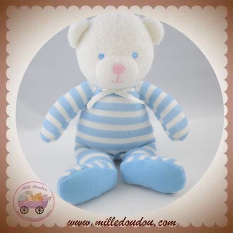 LUMINOU SOS DOUDOU OURS BLANC CORPS RAYE BLEU HOCHET 20 Cm Boutique