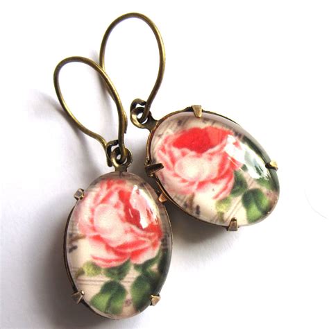 Romantic Pink Rose Earrings Glass Retro Jewelry