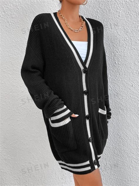 Shein Essnce Striped Pattern Double Pocket Drop Shoulder Varsity