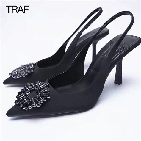 TRAF zapatos de tacón alto con diamantes de imitación para mujer