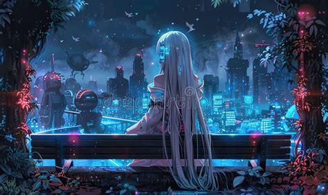 A Pensive Anime Girl Sitting On A Bench Overlooking A Neon Lit