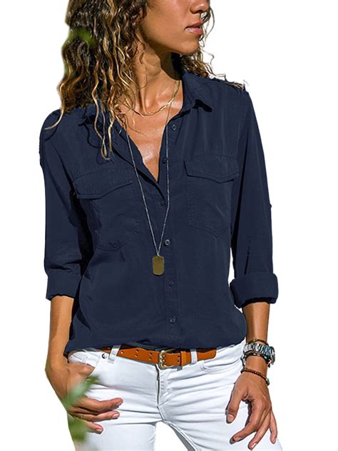 Sexy Dance Womens Button Down V Neck Shirts Long Sleeve Blouse Roll Up Cuffed Sleeve Casual