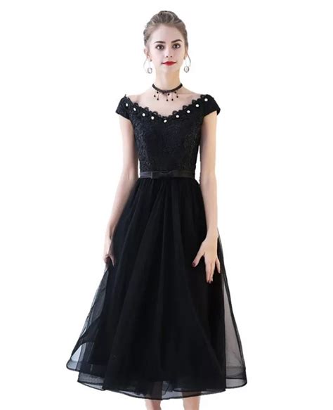 Beaded V Neck Black Tulle Party Dress Tea Length Bls86044