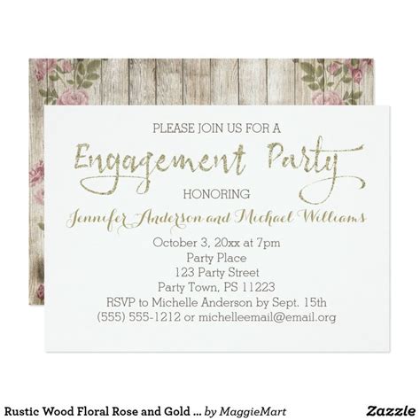 Rustic Wood Floral Rose And Gold Engagement Party Card Engagement Party