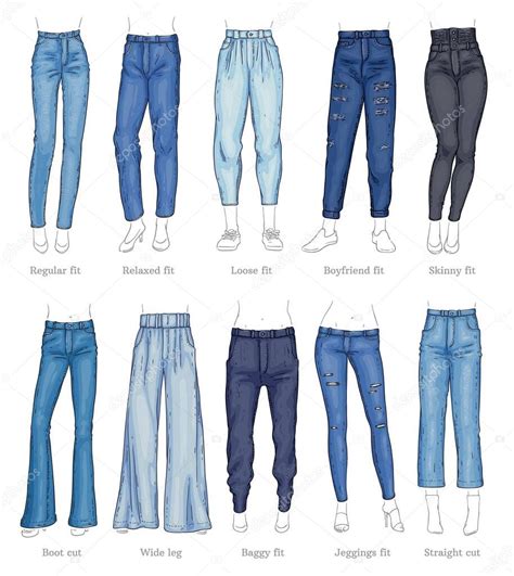 Serie Di Modelli Di Jeans Femminili E Il Loro Stile Di Schizzo Di Nomi