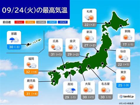 24日 北日本を中心に秋晴れ 九州や四国は激しい雨も 東海以西で真夏日地点が増加気象予報士 青山 亜紀子 2024年09月24日 日本