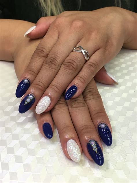 Marine Blue With Sparkly White Accented Gel Nails Pearl Decorations As