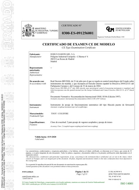 Certificado de Examen CE de Modelo nº 0300 ES 091256001 Centro