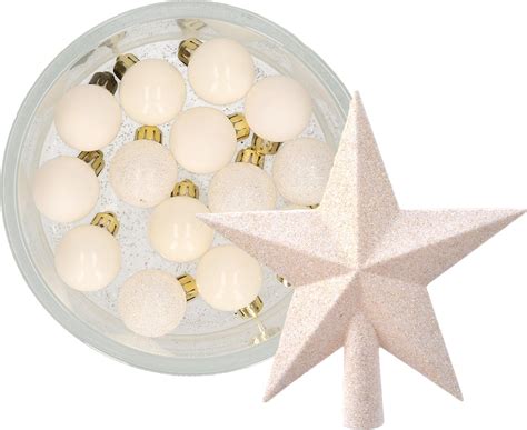 Decoris Kerstballen X St Cm Met Ster Piek Wol Wit Kunststof