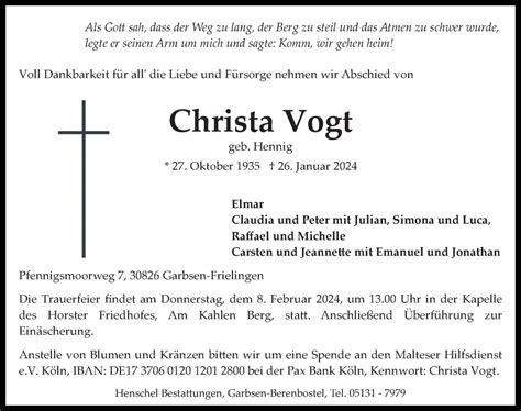 Traueranzeigen Von Christa Vogt Trauer Anzeigen De