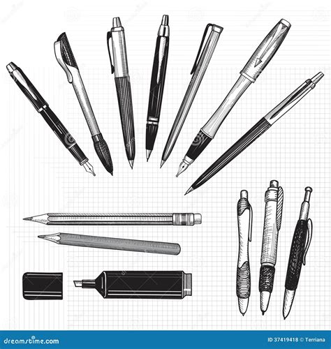 Pen Pencil And Marker Sketch Set Over Seamless Paper Background Stock