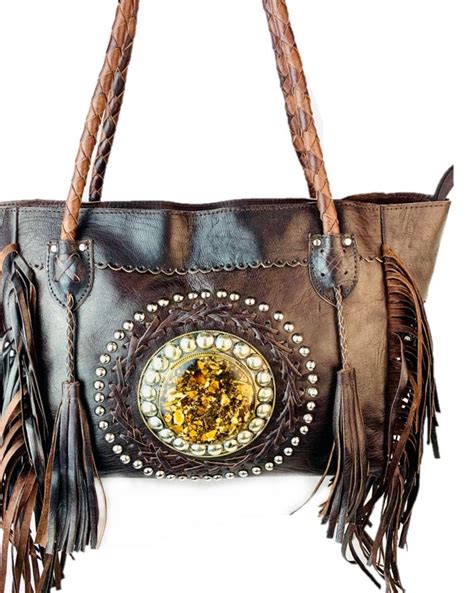 Bolso tote boho tribal cuero marrón grande IBAGS BELTS