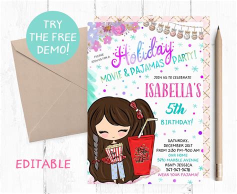 Editable Christmas Movie Night Invitation, Holiday Movie Night Birthday ...