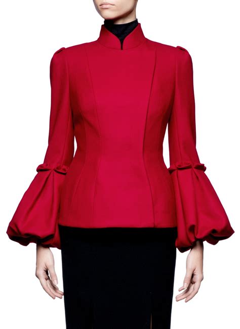 Lyst Alexander Mcqueen Pleated Bell Sleeve Wool Jacket In Red