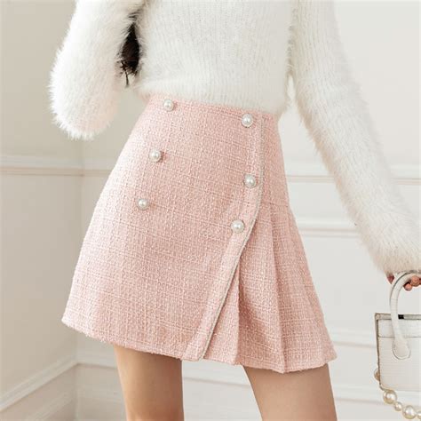 Pearls Buttons Autumn Tweed Skirts Women High Waist Pleated Shorts