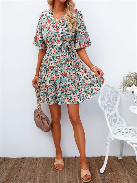 Random Allover Floral Print Overlap Collar Ruffle Hem Belted Dress