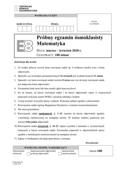 Pr Bny Egzamin Smoklasisty Cke Matematyka Zadania Rozwi Zania