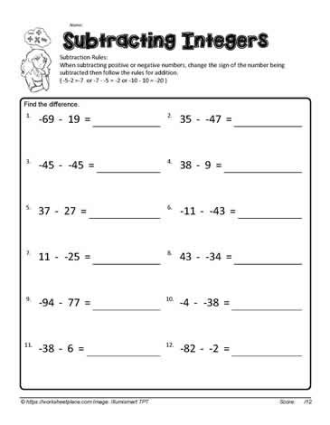 Subtracting Integers Worksheets