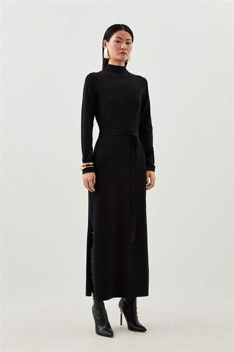 Karen Millen Viscose Blend Belted Knit Midaxi Dress In Black Endource