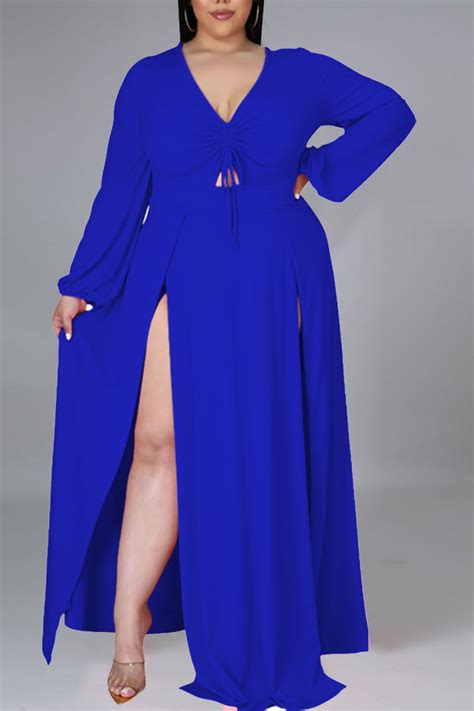 Wholesale Blue Elegant Solid Patchwork Frenulum High Opening V Neck Long Sleeve Plus Size