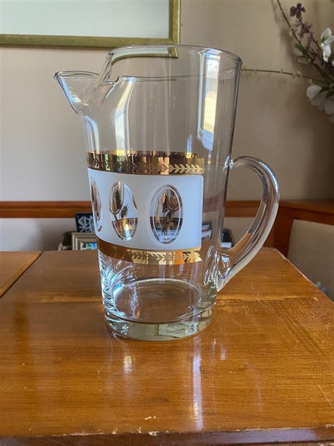 Vintage Glass Etched Gold Trim Pitcher Etsy