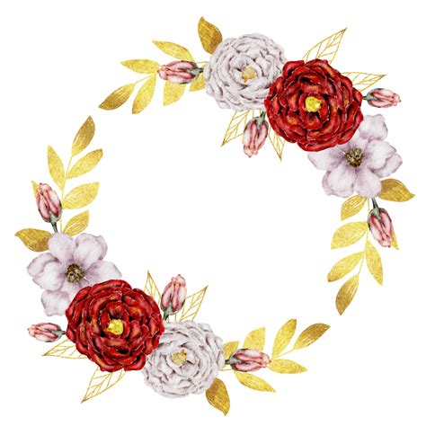 Pink And Red Flower Wreath Watercolor With Gold Frame 10336346 PNG