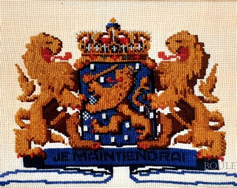 Antique Dutch Coat Of Arms Je Maintiendrai Finished Crossed Stitch Framed Holland Dutch