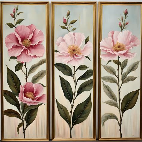 A Trio Of Vertical Rectangular Flower And Butterfly Painting K