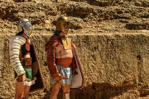 Gladiator Reenactment At Ancient Roman Amphitheater In Merida Spain