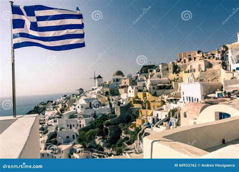 Greek Flag In Oia Town Santorini Stock Photo Image Of Architecture