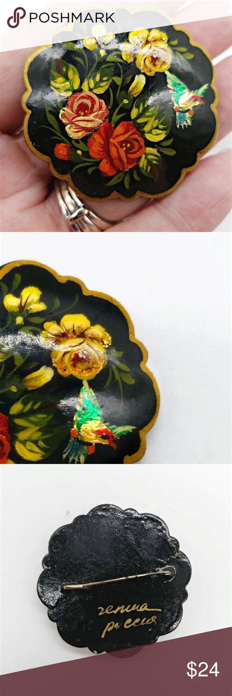 Vintage Russian Lacquered Hand Painted Brooch